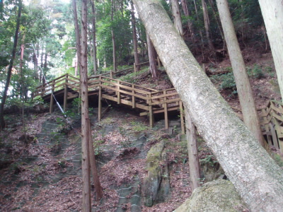 神社から、下山すると木製の道になり、下から見上げると、これがないと降りられないのがよくわかります。
そして、降りきったところにもうひとつの鳥居があります。

