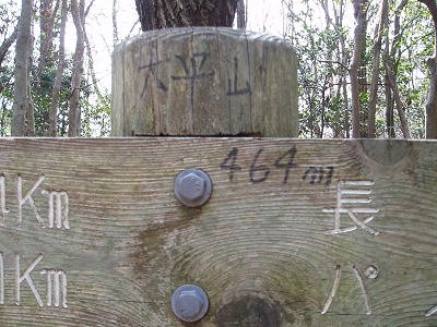 大平山山頂。
東海自然歩道の道標に書かれているだけ。
周りも木々で眺望なし。いまいちな頂上です。
ここから一気に下ります。気をつけないと、滑ります。

