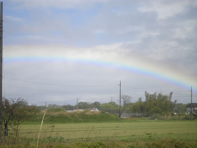晴れているように見えますが、霧雨が降っています。ですから、綺麗に見えています。
カメラでは色が薄くなります。見た目の色になるような虹モードとないのでしょうか？