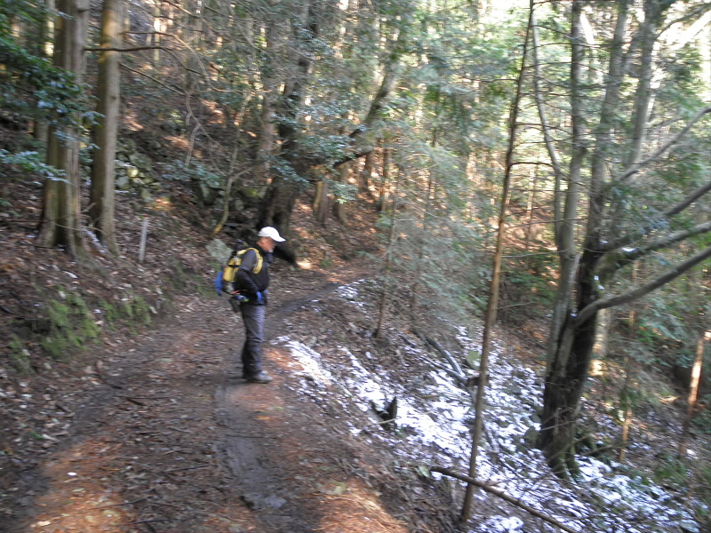 行きの朝にはまだ雪があったのですが、帰りにはなくなっていました。
この急斜面を下るのですが、３~４年前は道がはっきりとついてなかったと思うのですが。それともっと急な道だったと記憶しています。コースが微妙に違うんかな？