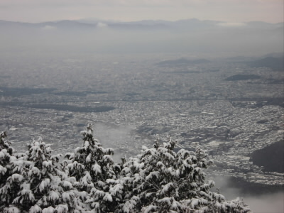 雪がふったので、屋根が白くなり、道とのコントラスで、京都の町の格子がよくわかるようになりました。
